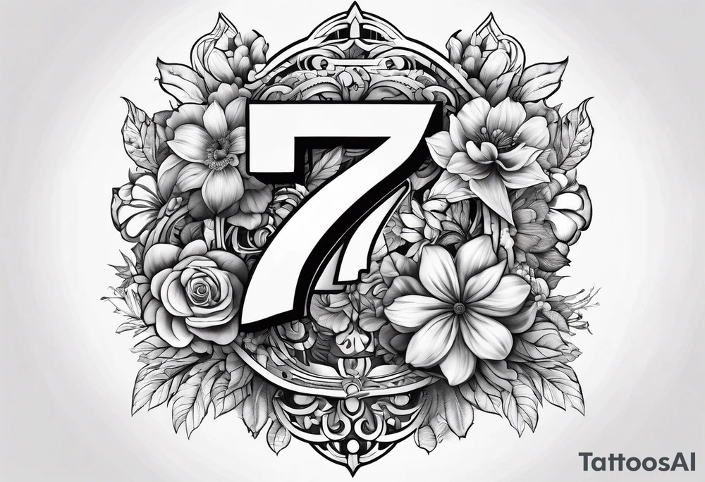 The number seven surrounded by colorful flowers tattoo idea