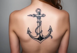 weathered anchor wrapped in nautical rope with sea waves tattoo idea