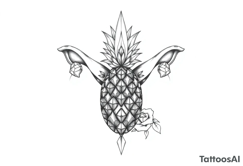Design around a vagina and anus using a pineapple with diamonds and magestic, crown, vagina, anus, pubic tattoo idea