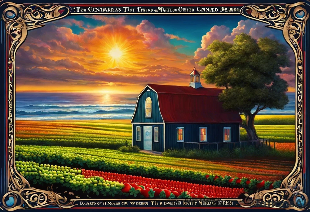 Tattoo of my hometown of Oxnard, CA
Tattoo must have strawberry fields meeting with ocean
Tattoo must have Oxnard coordinates
34.2236192,-119.1310264
Add in the sun on top of the fields/ocean
No barn house, add a Gondola style plaza 
Only in black and white tattoo idea