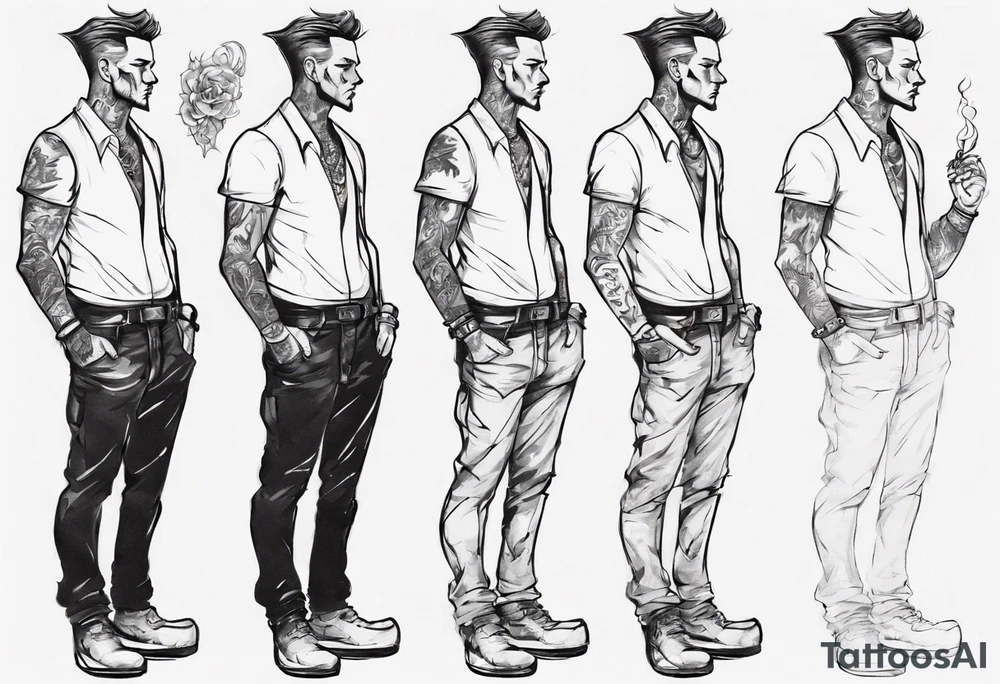 Man standing full-length, smoking, earrings in ears, no headgear tattoo idea