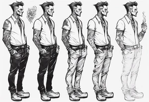 Man standing full-length, smoking, earrings in ears, no headgear tattoo idea