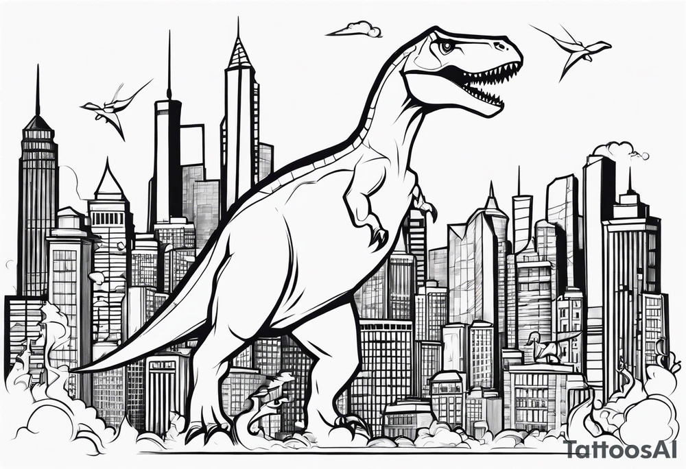 dinosaur destroying city tattoo idea