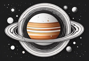 simple jupiter with circular objects and geometric elements, stippled shading, little bit of dotwork, white background tattoo idea