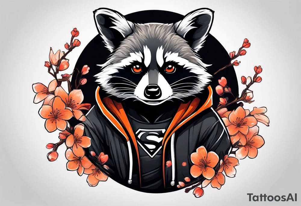 Raccoon wearing a white Superman logo on a black hoodie and orange Japanese cherry blossoms beside tattoo idea