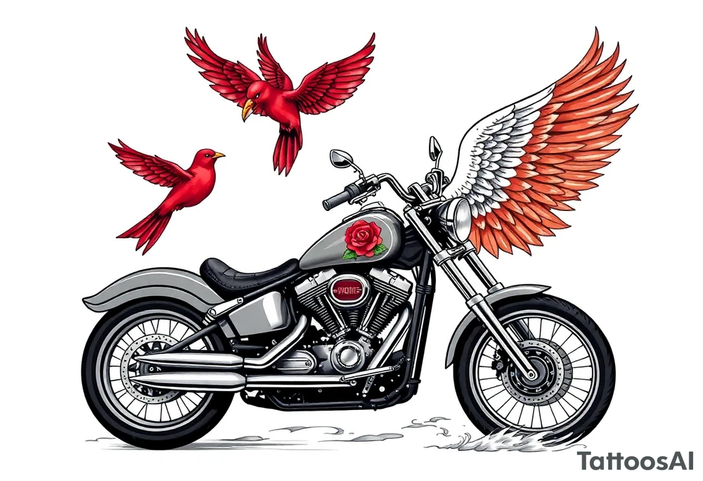 Harley grey motorcycle driving away, two red birds flying, roses, flames, angel wings tattoo idea