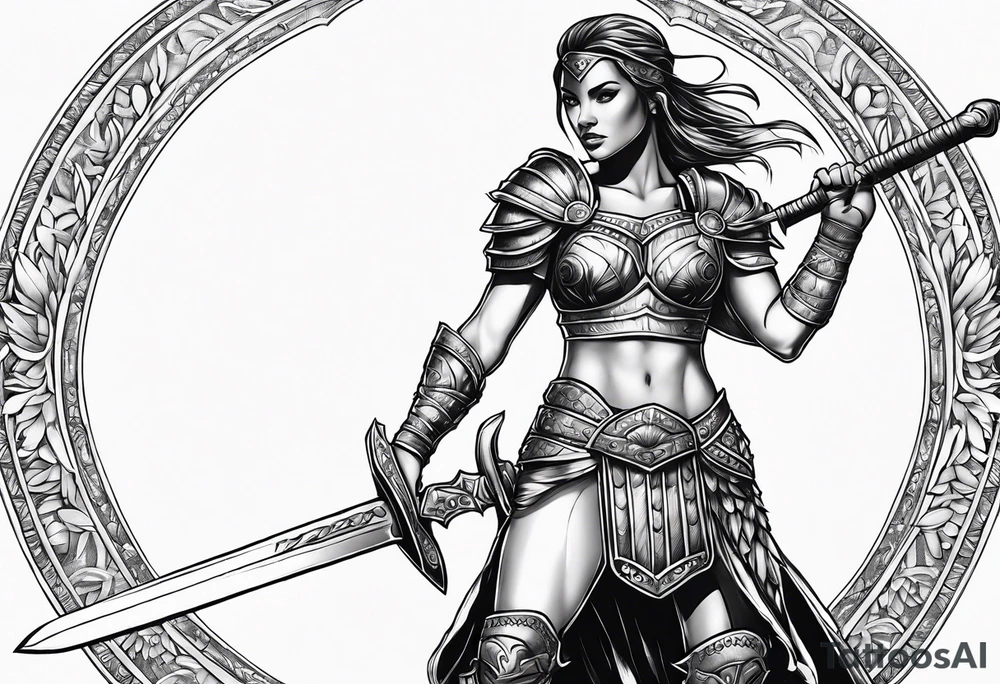 Female gladiator full body sword tattoo idea