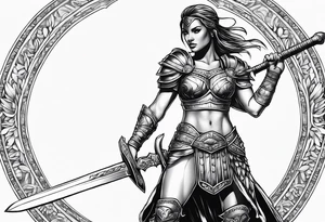 Female gladiator full body sword tattoo idea