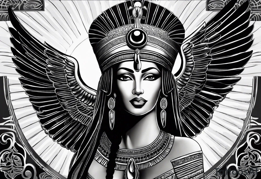black and white Egyptian goddess Isis, who is often depicted as a woman with outstretched wings, holding an ankh (a symbol of life) in one hand and a lotus flower in the other. Her headdress often includes a throne or a solar disk. The tattoo design can vary in style and size, but it typically aims to capture the essence of this revered Egyptian deity, emphasizing her beauty, power, and maternal qualities. The choice of colors and additional elements can also be customized to create a unique and visually striking representation of the goddess Isis tattoo idea