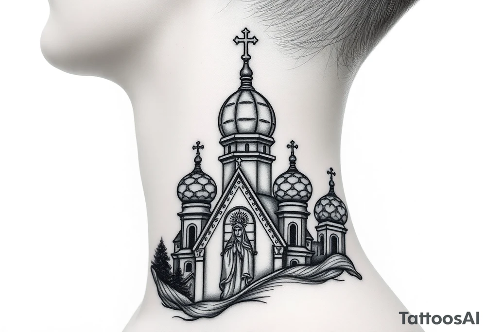 Flowing Scene

A onion domes orthodox church
Virgin Mary in prayer pose wrapping around the lower neck curve
A small double headed russian coat of arms eagle or just the star tucked above the dome near the hairline tattoo idea