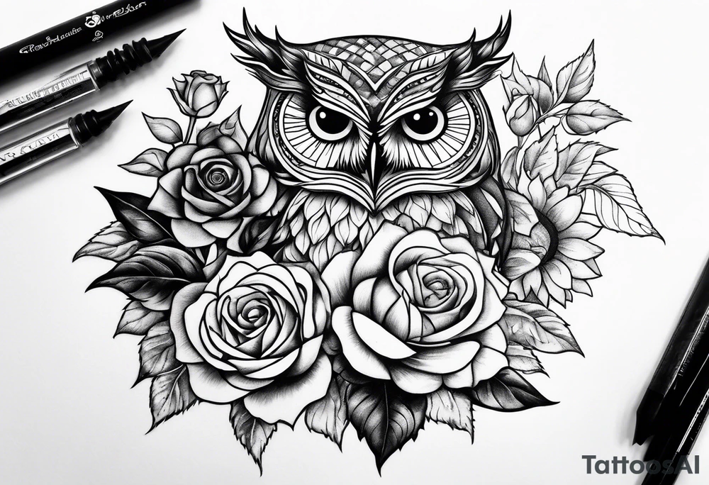 Sunflower and rose flower, owl tattoo idea