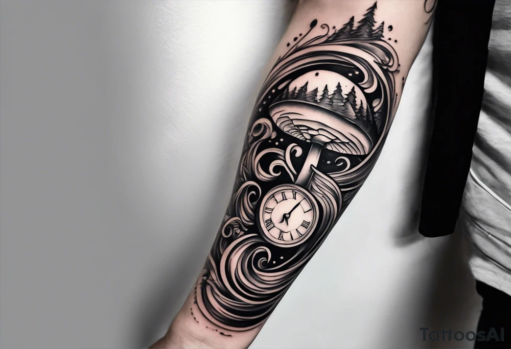 a line at the top of my arm (near the shoulder) with a music note on a staff at the top, a water wave below it, a pocket beneath it and the mushroom last - it's one line down the arm tattoo idea