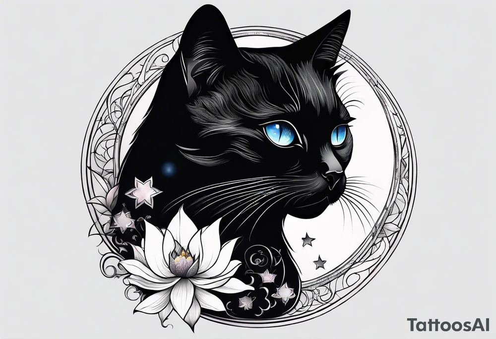 Photo realistic black cat head with moon and stars and lotus flower tattoo idea