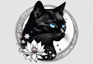 Photo realistic black cat head with moon and stars and lotus flower tattoo idea