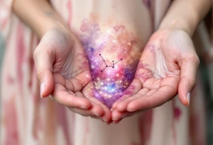 An ethereal Virgo maiden in faded rose pink carries the constellation in her open palms. tattoo idea