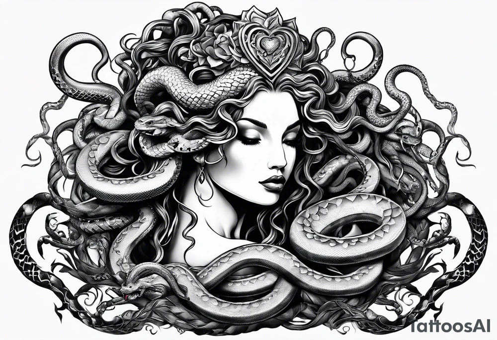 Medusa head with snakes eating a heart tattoo idea