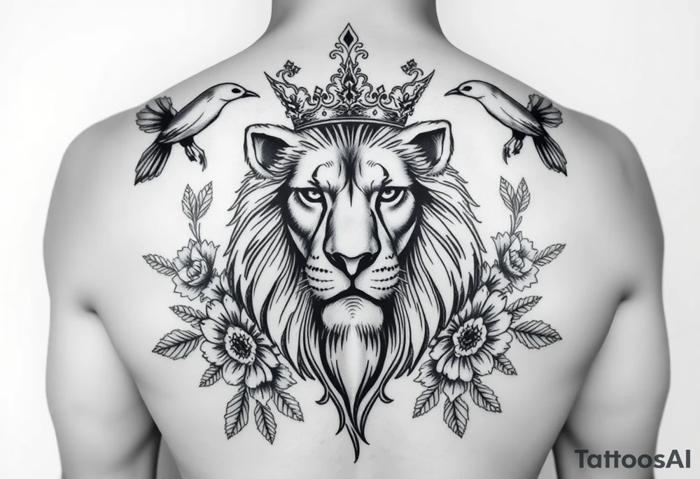 powerful majestic lion with a crown, surrounded by floral ornaments and birds tattoo idea