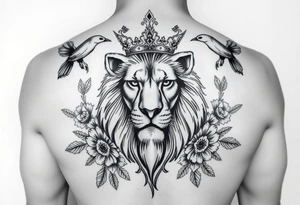 powerful majestic lion with a crown, surrounded by floral ornaments and birds tattoo idea