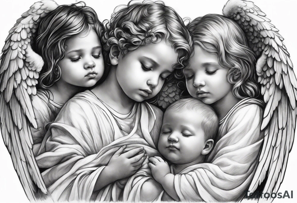 angels praying together. Three boy angels  and three girl angel, with their wings gently enfolding a baby angel in a protective embrace tattoo idea