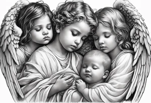angels praying together. Three boy angels  and three girl angel, with their wings gently enfolding a baby angel in a protective embrace tattoo idea