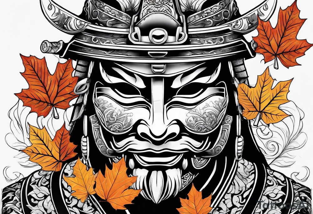 samurai mask with autumn leaves and smoke tattoo idea