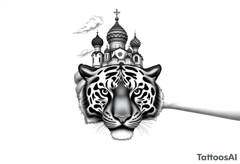 Realistic tiger face on the back of the hand with strong contrast and fine detail with hollow black eyes. with a highly detailed Russian Orthodox cathedral sitting above on fore arm with onion domes and orthodox crosses, done in fine line, engraving-like style. Cohesive composition, black ink only, no color, high contrast, slightly aged, documentary-style, plain light background. with clouds above and a virgin mary tattoo idea