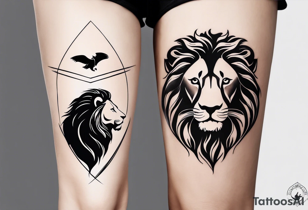 Minimalist black and white tattoo design for the calf featuring a lion, lioness, and lion cub. The lion faces upward towards the sky, looking in the opposite direction of the lioness. The lion cub is positioned below them, looking up. The design has a feminine touch with simple lines and elegant curves, focusing on the emotional connection between the three animals. tattoo idea