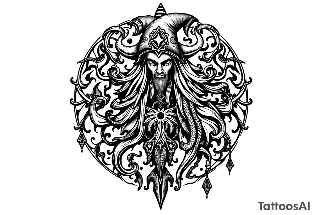 mystical dark and long ornament with shaman and witch mytolog and ancient rhyme tattoo idea