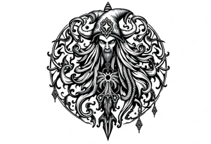 mystical dark and long ornament with shaman and witch mytolog and ancient rhyme tattoo idea