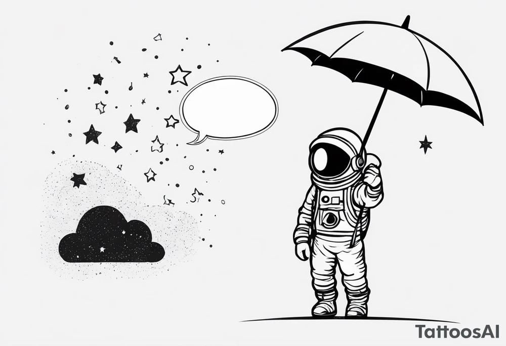 floating astronaut, with stars for eyes, holding an umbrella, with a blank speech bubble tattoo idea