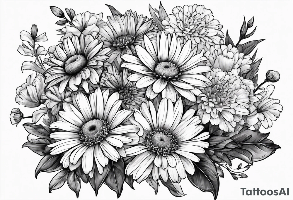 bouquet of daisy, aster, and carnations with stems tattoo idea
