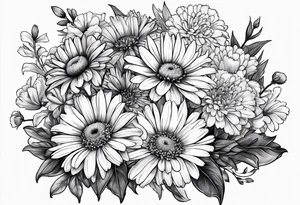 bouquet of daisy, aster, and carnations with stems tattoo idea
