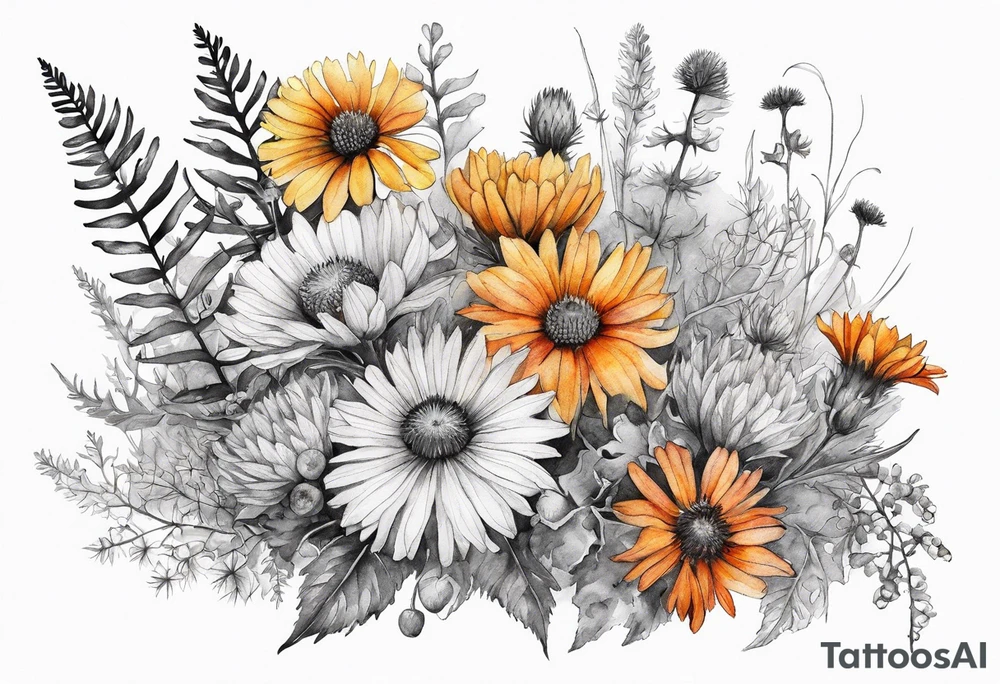 cascading mixed wildflowers with thistles, ferns, burnt orange white and yello flowers all in watercolor tattoo idea