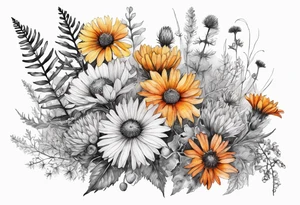 cascading mixed wildflowers with thistles, ferns, burnt orange white and yello flowers all in watercolor tattoo idea