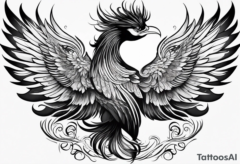 asian elegant long feathered phoenix
with a long neck, with no wings, graceful tattoo idea
