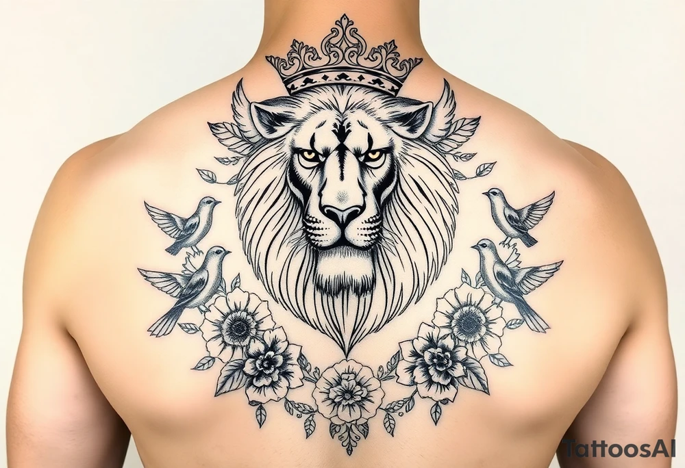 powerful majestic lion with a crown, surrounded by floral ornaments and birds tattoo idea