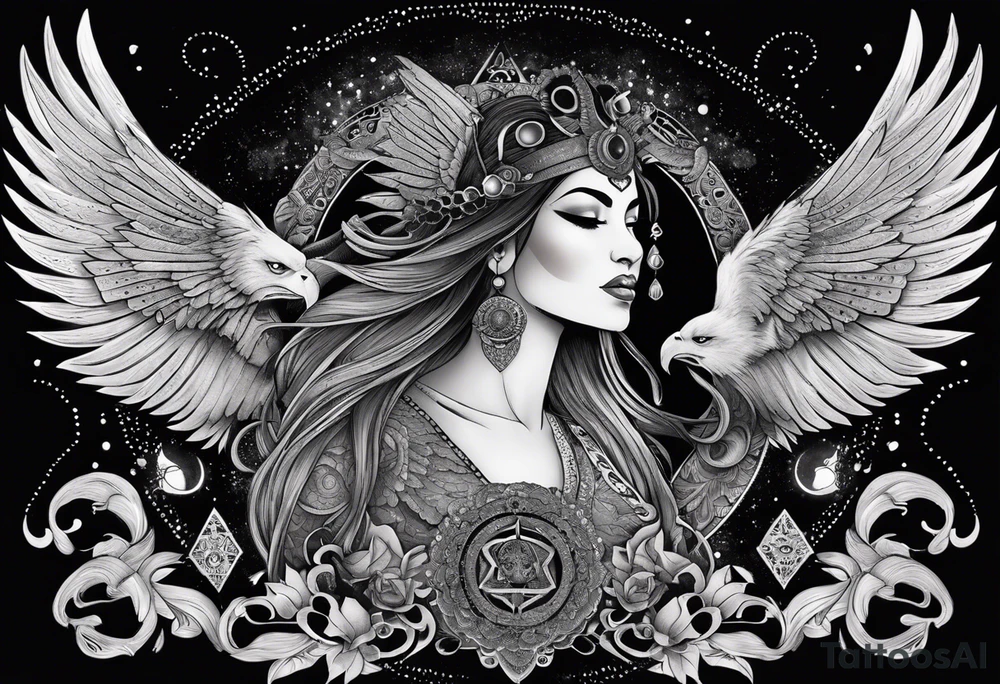 black kali, goddess pirate, alien, angel, pachamama, valkrye, warrior, flying, skull, lotus azul, wing, eagle, zenza resonance, stars, 5D, anahata chakra, death, durga, riding on a tiger, flying lady, kundalini, chest tatoo, samuri, rebel,serpent tattoo idea