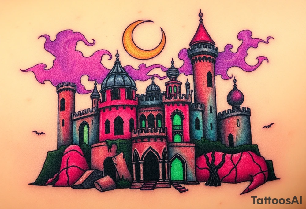Tim Burton’s haunted Arabian castle is abandoned and dripping with muted reds, dusty pinks, and eerie green glow.purple and cyan smokey clouds swirl in the crescent moonlit sky thats sprinkled with stars tattoo idea tattoo idea