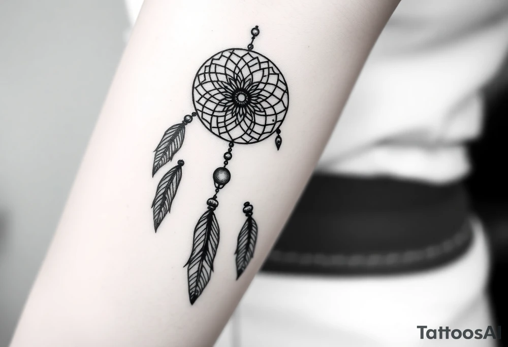 native dreamcatcher with flowing feathers and sacred beads tattoo idea