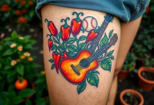 Super hot pepper plants, hot sauce, baseball, acoustic guitar, trumpet, with a gardening background tattoo idea