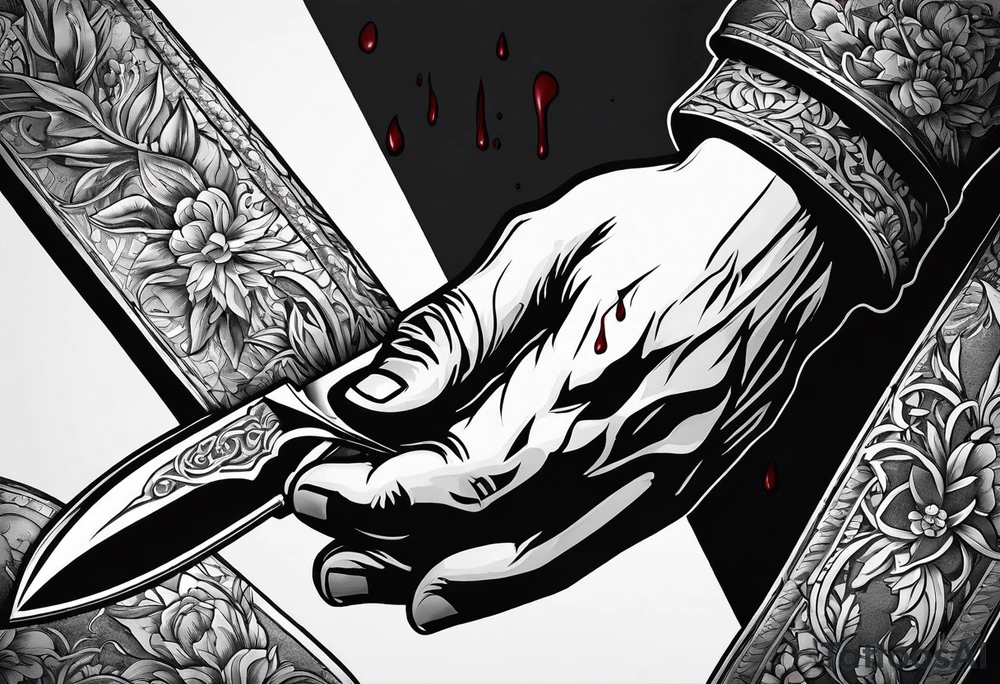 Hand getting stabbed by a knife, knife going through hand, with blood, 3 inches long tattoo idea