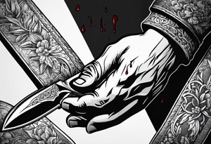 Hand getting stabbed by a knife, knife going through hand, with blood, 3 inches long tattoo idea