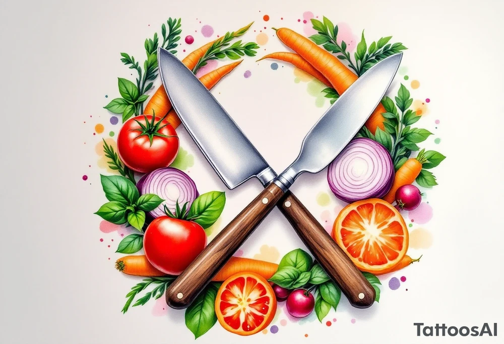 A realistic kitchen tattoo design showing a large silver kitchen knife with a dark brown wooden handle crossed over a shiny silver fork and spoon, all placed diagonally, surrounded by whole and sliced vegetables including bright red round tomatoes, leafy green basil, long orange carrots with green tops, and round purple onions with visible rings, all arranged in a circular wreath shape with a soft white background and subtle watercolor splashes of green, red, and orange for depth. tattoo idea
