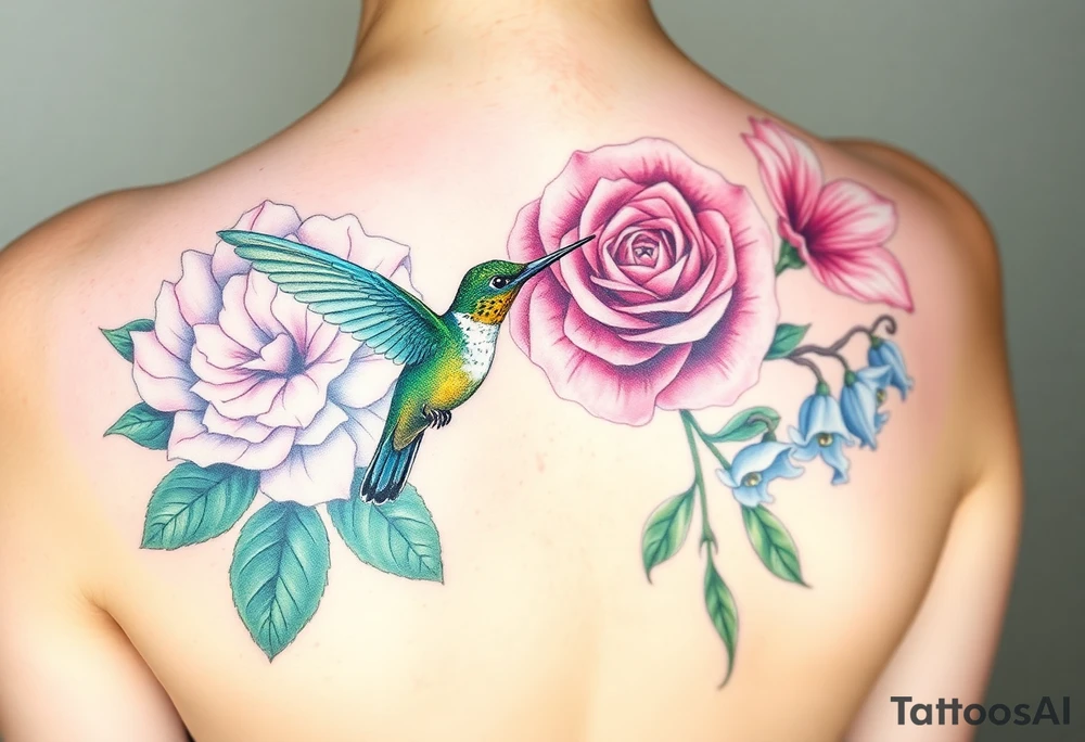 Bouquet of flowers with watercolors carnation, rose, Lily of the valley, delphinium with stems Starting upper middle back to right shoulder With humming bird feeding on rose.  Soft tones tattoo idea