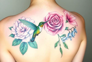 Bouquet of flowers with watercolors carnation, rose, Lily of the valley, delphinium with stems Starting upper middle back to right shoulder With humming bird feeding on rose.  Soft tones tattoo idea