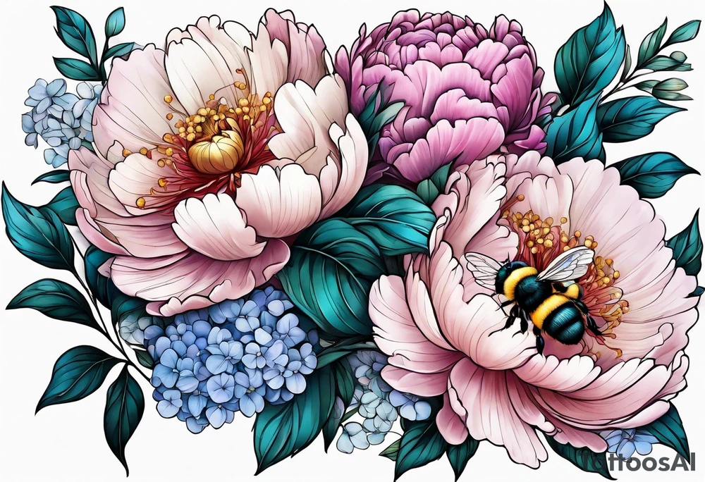 Bouquet of peony with hydrangea and leaves and a bumblebee lilac flowers tattoo idea