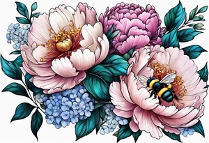 Bouquet of peony with hydrangea and leaves and a bumblebee lilac flowers tattoo idea