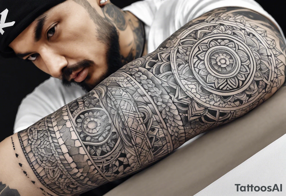 arm sleeve tattoo, cultural tattoo idea