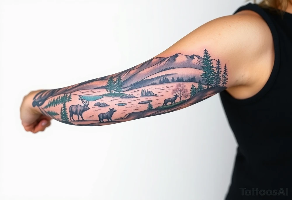 A full-sleeve with the Härjedalen landscape, reindeer, bear, lakes tattoo idea