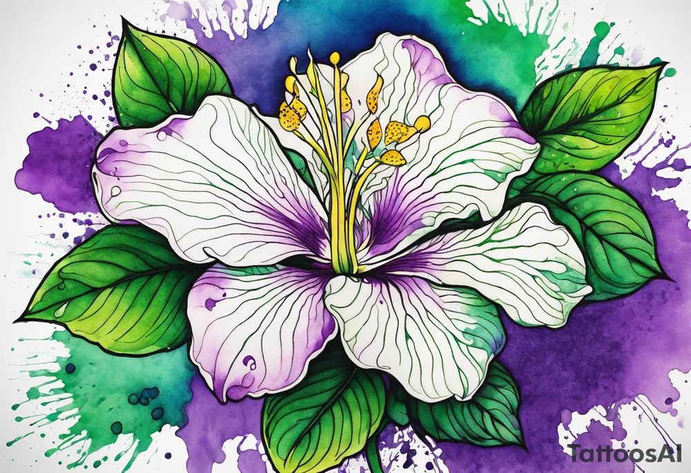 A mystical outline of a rio dipladenia flower and a green/purple watercolor splatter in the background tattoo idea